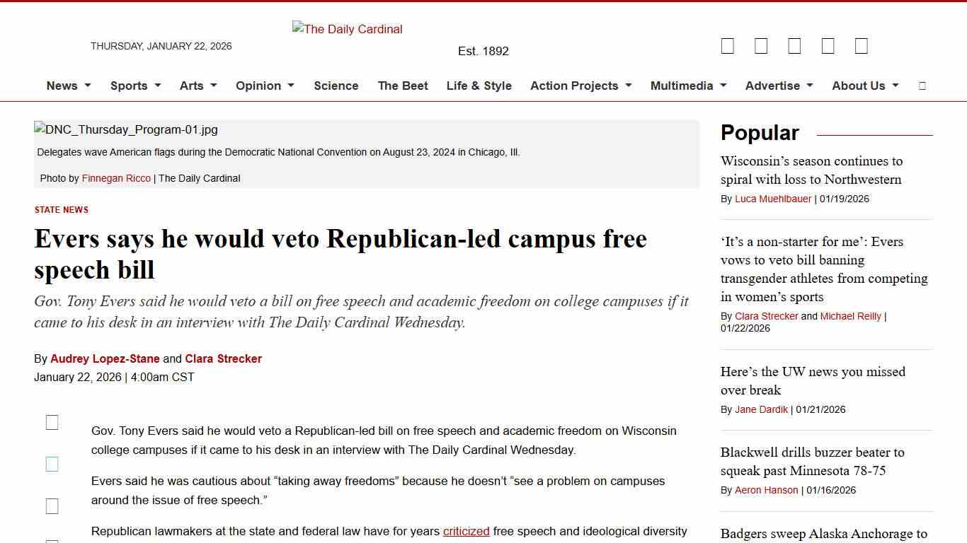 Evers says he would veto Republican-led campus free speech bill - The Daily Cardinal